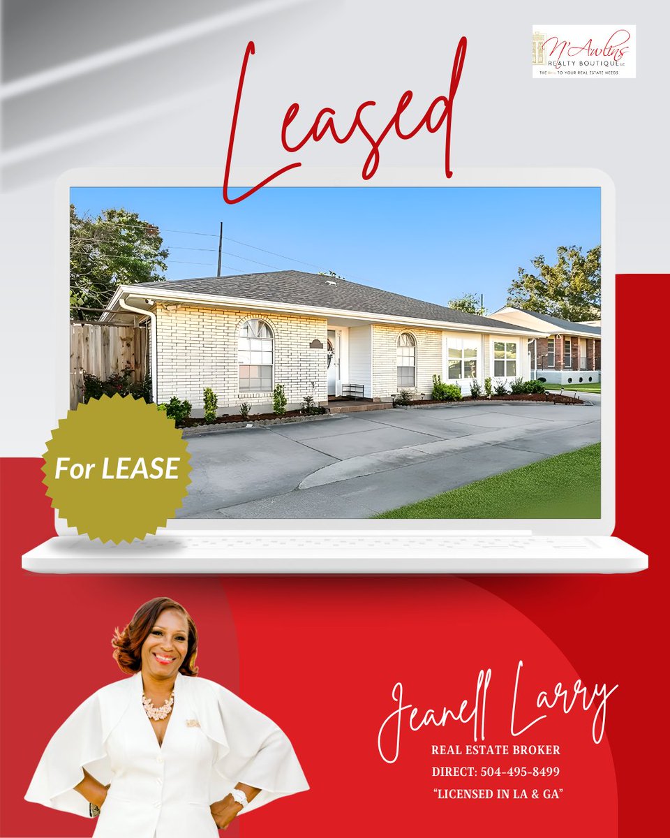 NawlinsRealty's tweet photo. Just Leased in Kenner, Louisiana! 🎉

If you’re moving to or from the New Orleans area and need guidance with leasing or buying, I’m here to help every step of the way! 🔑🏡

Jeanell Larry
Real Estate Broker/Realtor
N’Awlins Realty Boutique
Direct: (504) 495-8499 https://t.co/KqJoxgyY1J