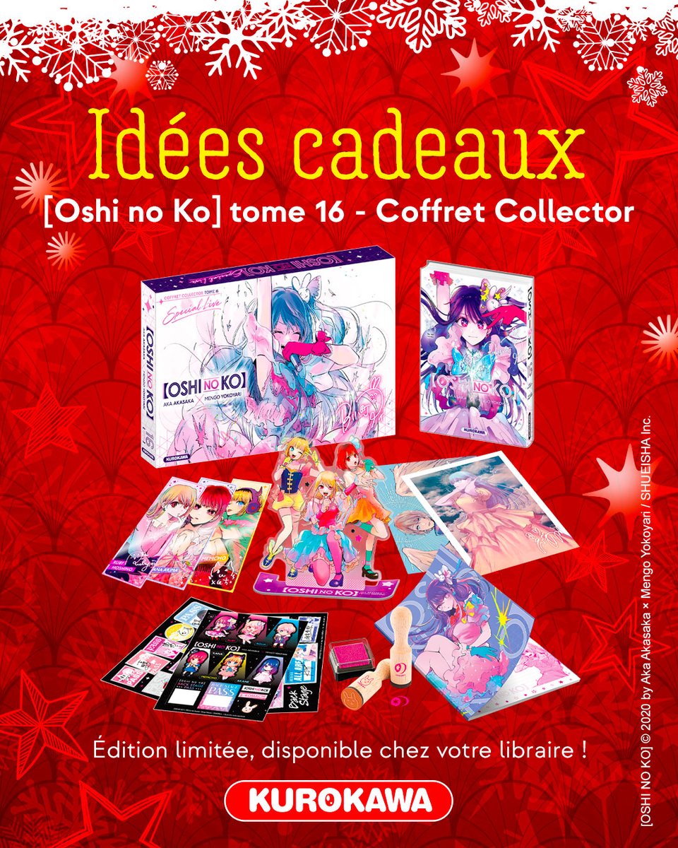 Kurokawa's tweet image. NOUVEAUTÉ 🆕 Pour fêter la fin d'[Oshi no Ko], on vous propose LE #COLLECTOR ULTIME 💎

Le descriptif du coffret ici ➡ x.com/Kurokawa/statu…

Prix 29,99€, disponible chez votre libraire 📚