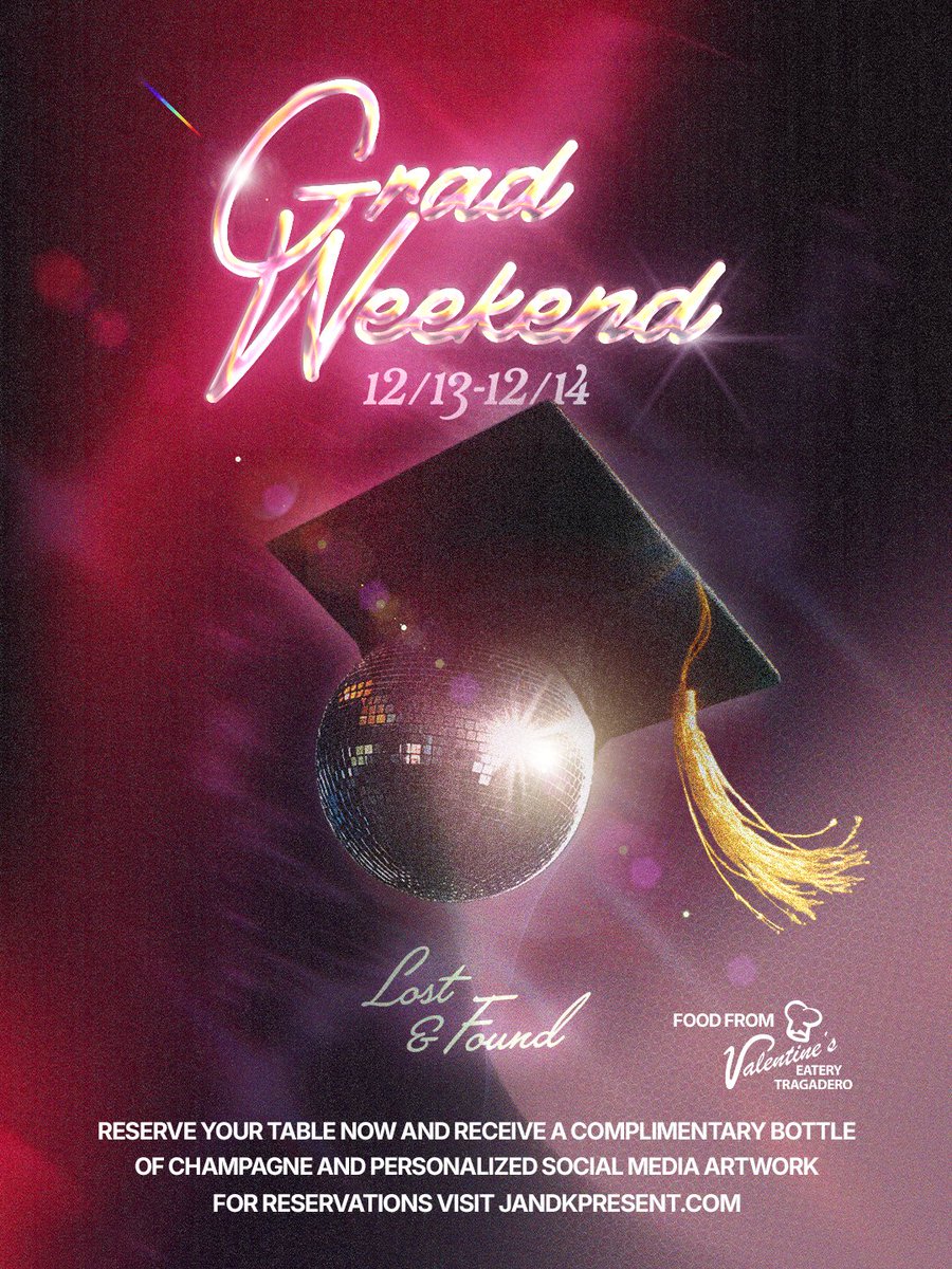 Get lost this Grad Weekend! Come find us Saturday, December 13 through Sunday, December 14th. We'll have tasty bites from @valentinesbakerytx, open at 4pm. For Table Reservations visit jandkpresent.com ⚡🎓🪩