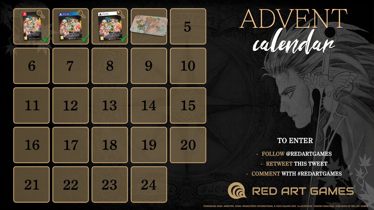 SAGA ADVENT CALENDAR 4 🎁 | The prize of today is a Romancing Saga Mousepad 😍 

➡️ To participate: RT this tweet+follow <a href="/RedArtGames/">Red Art Games</a> &amp; reply with #RedArtGames 

Winner to be announced on January 7, 2025.
