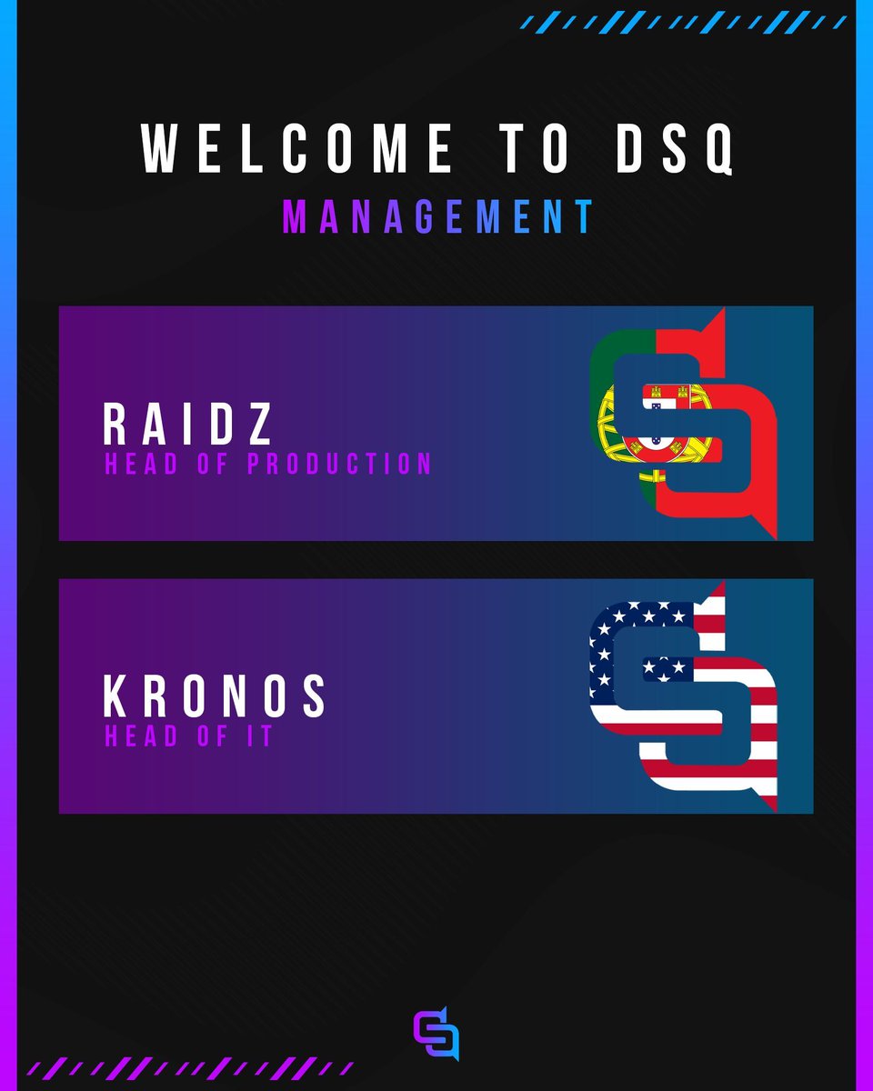 The DSQ management team is expanding

🇵🇹 <a href="/iam_raidz/">Simao</a>, Head of Production, he brings a lot of experience with him from <a href="/RSC_EU/">RSC EU</a>

🇺🇸 Kronos, Head of IT, he follows a study in the IT profession and is the previous owner of The Odyssey

Join us in welcoming them to our wonderful team💜