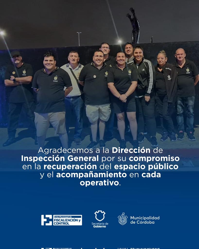 FiscyControlCBA's tweet photo. El trabajo articulado con la Dirección de Inspección General fortalece cada acción en ciudad. Su presencia en territorio garantiza espacios ordenados y seguros. Agradecemos equipo que hace posible los operativos y cuida el espacio público. #Gestión #CiudadCuidada #MuniCba https://t.co/jmLOAU3H08