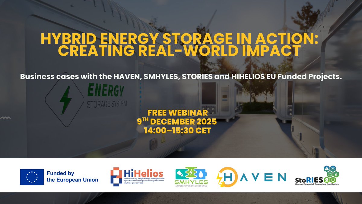 ⏰ Last chance to join today’s webinar: Hybrid Energy Storage in Action!

👉 havenproject.eu/archivos/4787
Hear from HAVEN, SMHYLES, HIHELIOS &amp; StoRIES on real-world Hybrid Energy Storage Systems, pilot results, and innovations.
Don’t miss it! ⚡️
#HESS #EnergyStorage #HorizonEurope