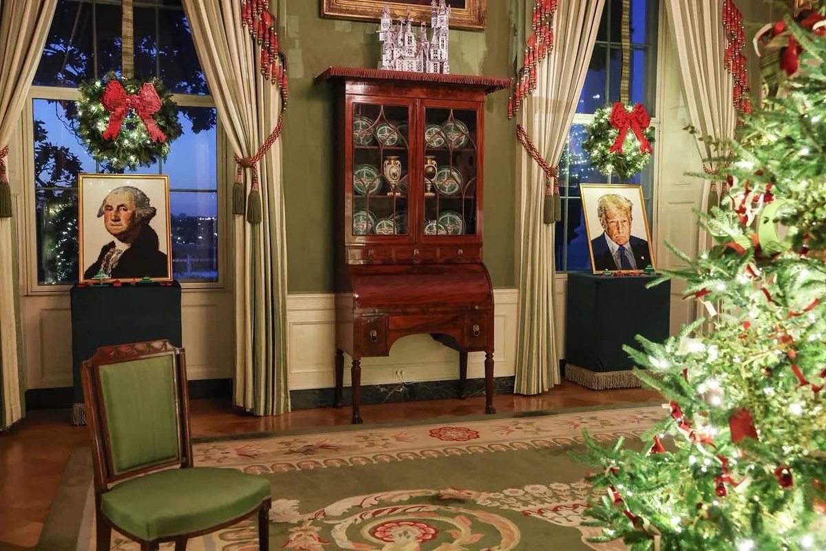 In the White House Green Room, Melanie put a house of cards atop the highboy, between two Lego portraits of presidents. Such taste!