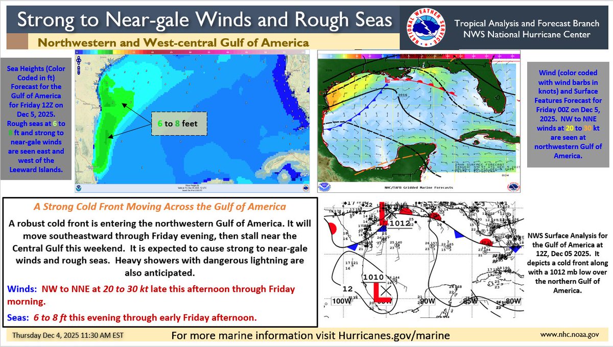 NHC_TAFB's tweet image. A strong #coldfront will create #hazardous marine conditions for the northwestern and west-central Gulf of America from late this afternoon through early Friday afternoon. Mariners, especially those operating smaller vessels need to take precaution and plan accordingly.