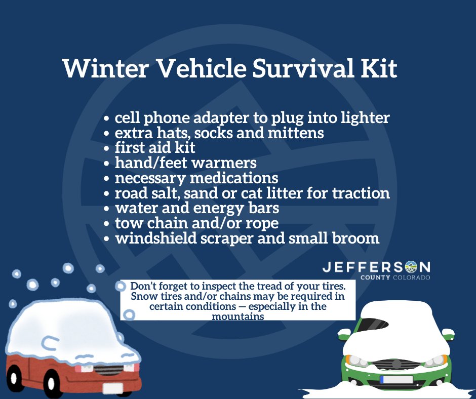 Preparedness is key to staying safe this winter. 
Don't be caught off guard! Fill your car with some necessary items.  

Also, check out a list of ways to winterize your car at this Jefferson County Public Health page: jeffco.us/3588/Winter-Pr…
