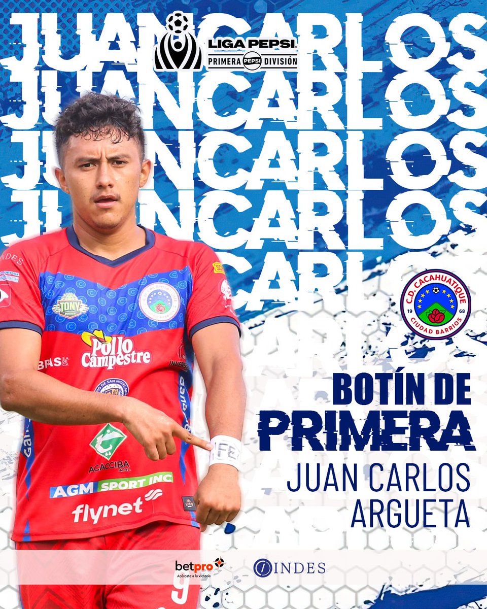𝗕𝗢𝗧Ɩ́𝗡 𝗗𝗘 𝗣𝗥𝗜𝗠𝗘𝗥𝗔⚽️🥇

El máximo goleador de la #LigaPepsi #Apertura2025 𝗝𝘂𝗮𝗻 𝗖𝗮𝗿𝗹𝗼𝘀 𝗔𝗿𝗴𝘂𝗲𝘁𝗮 🇸🇻 de <a href="/CDCacahuatique/">C.D. Cacahuatique</a> 

⚽️ 11 goles en 22 partidos de la fase regular, registró 5 goles en condición de local y 6 como visitante. 

⏱️1,639 minutos en