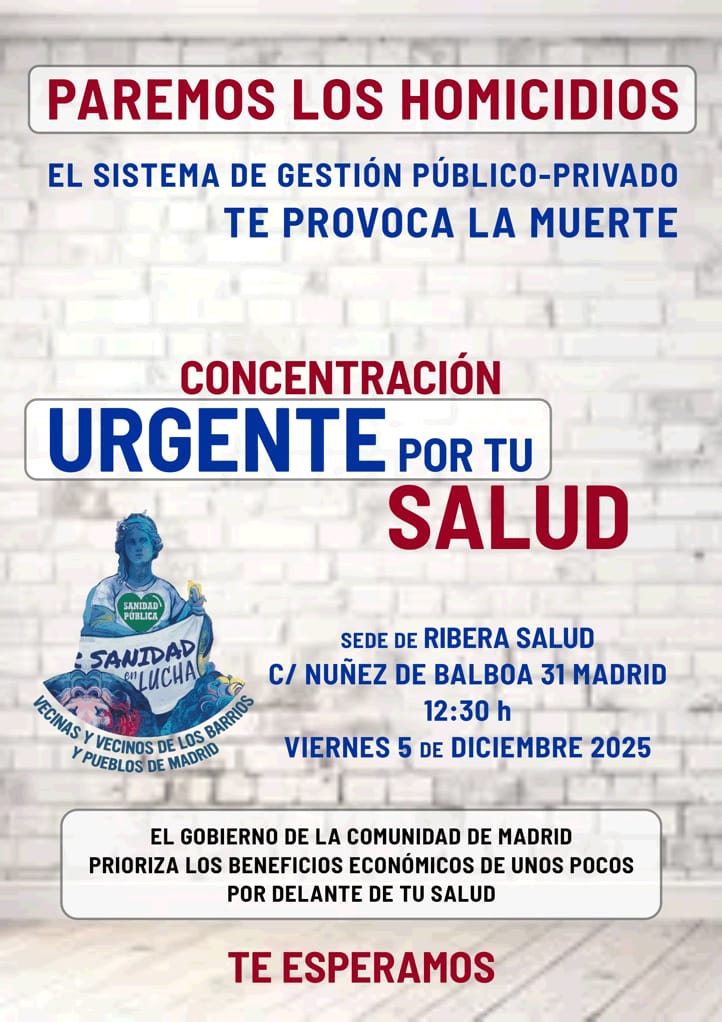 🚨 Convocatoria urgente 🚨 Se han filtrado audios del CEO de Ribera Salud en los que pedía aumentar las listas de espera para ganar millones a costa de nuestra salud.

👉 Nos concentramos en la puerta de Ribera Salud para exigir:

¡La salud no es un negocio!

¡Transparencia!