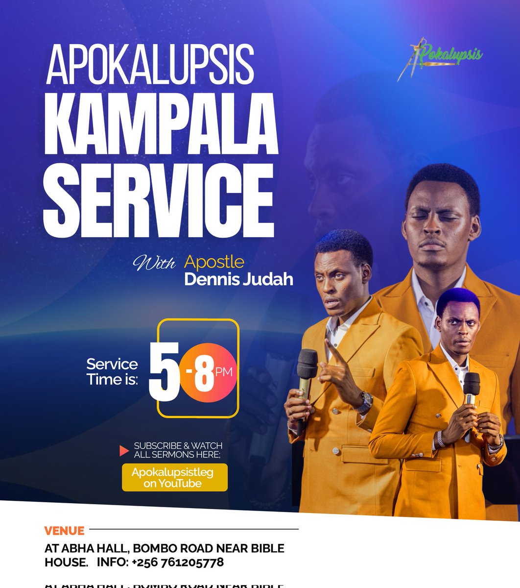 ApokalupsisT's tweet photo. You're welcome to join us this Friday for Apokalupsis Kampala Service with Apostle Dennis Judah*

⏱️ 05pm - 09pm
📍 Abha Hall Next to Bible House directly opposite Emerald Hotel along Bombo Road.
You're welcome And God bless you https://t.co/BUgtqdrtNV