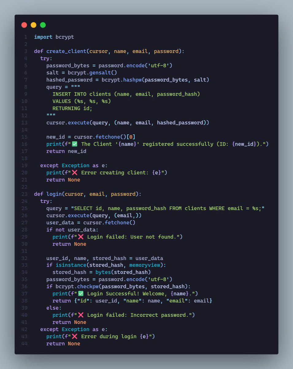 jicmette's tweet image. A peek at the user auth layer for Vault 0: Core Banking Ledger. I used bcrypt in Python to securely hash and salt user passwords. Critical for a double-entry, ACID-compliant financial system. Never store raw passwords! #Python #FinTech #PostgreSQL #SoftwareDevelopment