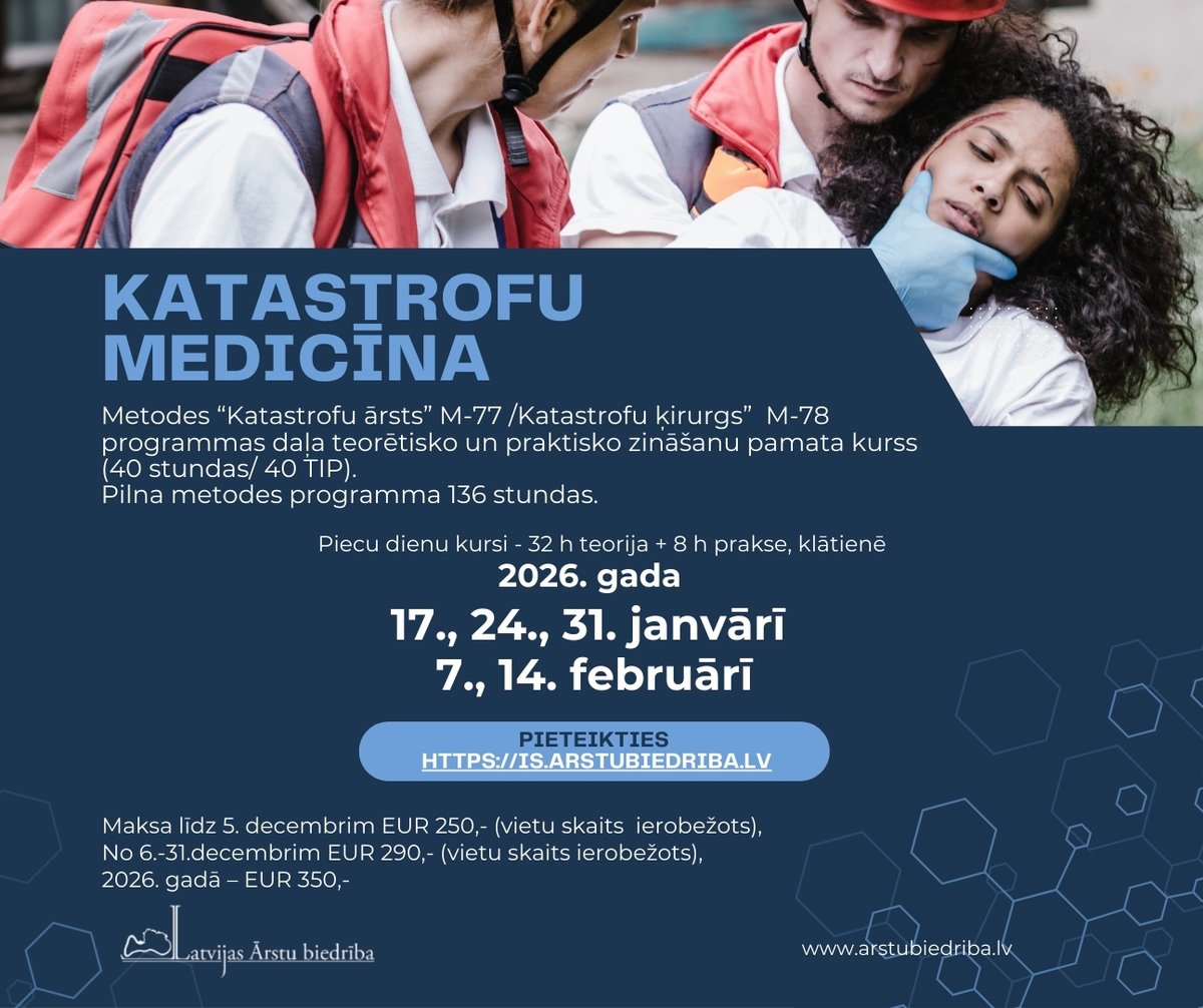 Vai esi gatavs darboties ekstrēmos apstākļos un glābt dzīvības krīzes situācijās?
Piesakies intensīvam teorijas un prakses kursam, kas sniedz būtiskākās zināšanas katastrofu medicīnā un traumu ķirurģijā.
Esi gatavs rīkoties, kad sekundes izšķir visu.
#KatastrofuMedicīna