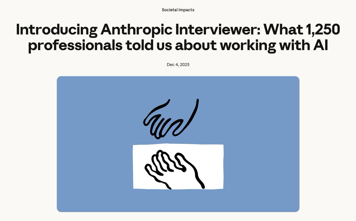 saffronhuang's tweet image. We built another tool - Anthropic Interviewer - that lets us interview people at scale by using Claude (obviously! we use Claude for everything!). See the piece for what we learned.

This helps us expand the kind of research we can do which is exciiiiiitingggg -- it&apos;s is what we…