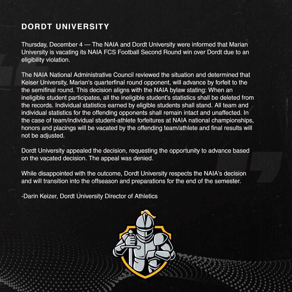 Announcement on NAIA FCS 
<a href="/DordtFB/">Dordt Football</a>