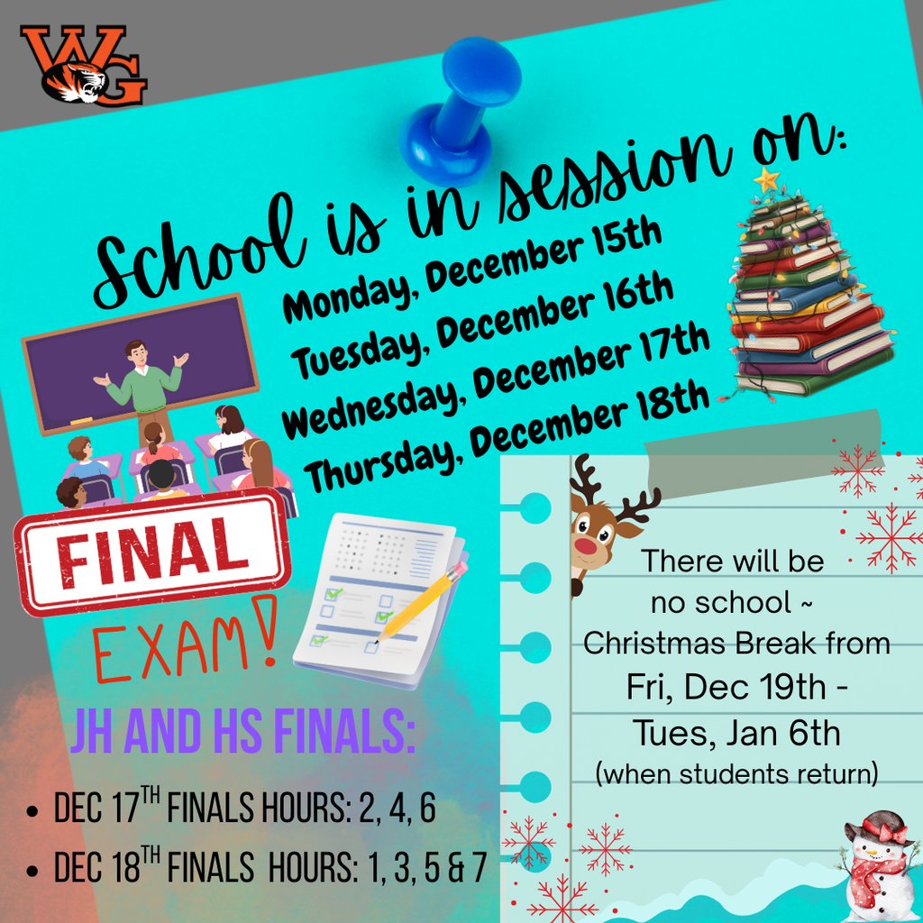 Save the date: We will be in school, Monday, December 15th. See the flyer for the finals schedule for both JH and HS students.