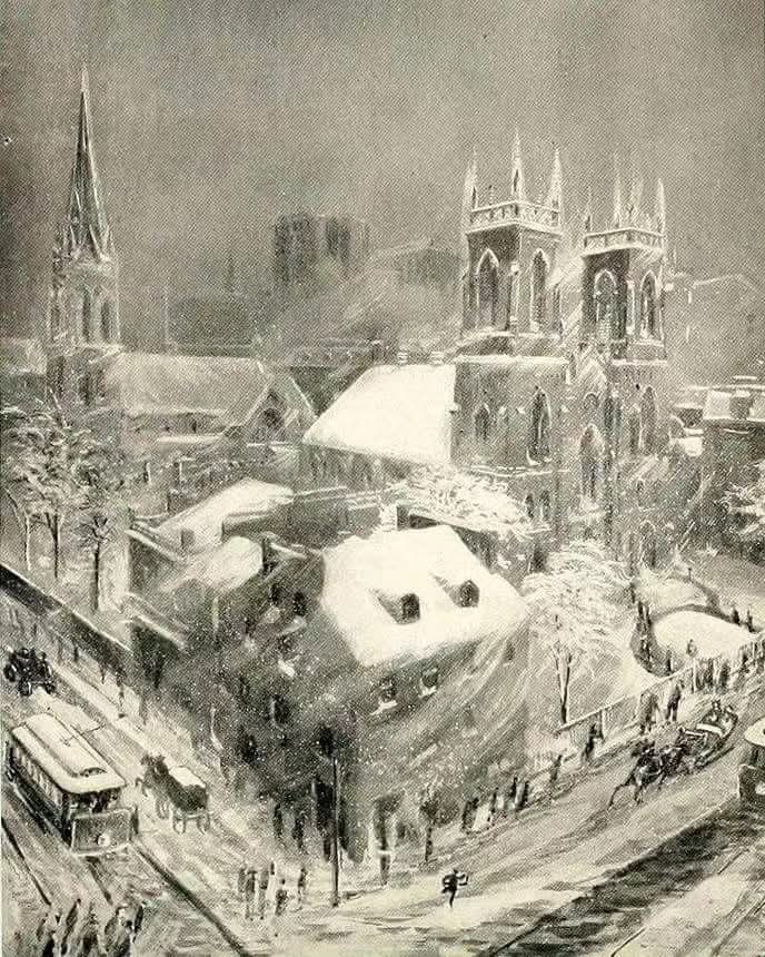 OddPittsburgh's tweet photo. The corner of Sixth Avenue &amp; Wood Street - Winter of 1903
By J. C. Bragdon, an engraver in Pittsburgh

#Pittsburgh #Xmas #Winter #December https://t.co/6KyluzAAml