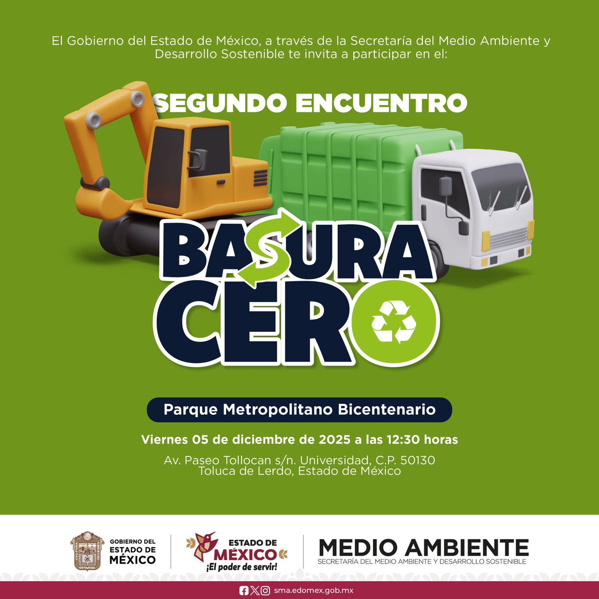 AmbienteEdomex's tweet image. El @Edomex a través de esta Secretaría invita a participar en el Segundo Encuentro #BasuraCero, viernes 5 de diciembre, a partir de las 12:30 horas, en el Parque Metropolitano Bicentenario en Toluca, Avenida Paseo Tollocan s/n, colonia Universidad.
#MedioAmbiente
#ElPoderDeServir