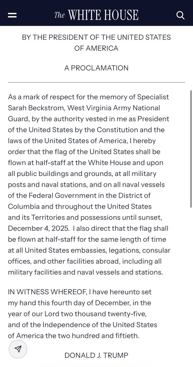 Today the President ordered all U.S. flags lowered to half-staff in memory of Specialist Sarah Beckstrom, the 20-year-old West Virginia Army National Guard soldier who made the ultimate sacrifice while serving in Washington, D.C.
Her courage and quiet strength will never be