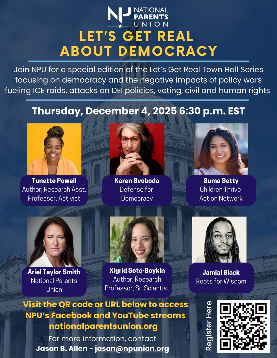 🚨Last chance to register for TONIGHT’s Town Hall. Join us @ 6:30 PM and Let’s Get Real About Democracy. Join our panel of parent leaders, advocates &amp; experts as they break down what’s happening &amp; what we can do. Register Here: tinyurl.com/mr2vynr9