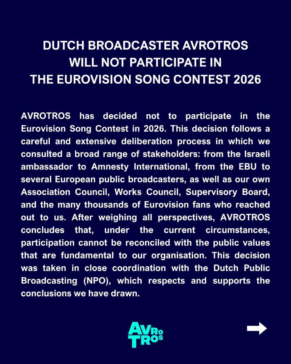 EurovisionNewZ's tweet photo. 🇳🇱OFFICIAL: AVROTROS confirmed that Netherlands will withdraw from #Eurovision 2026. https://t.co/bgYmSiqOFb
