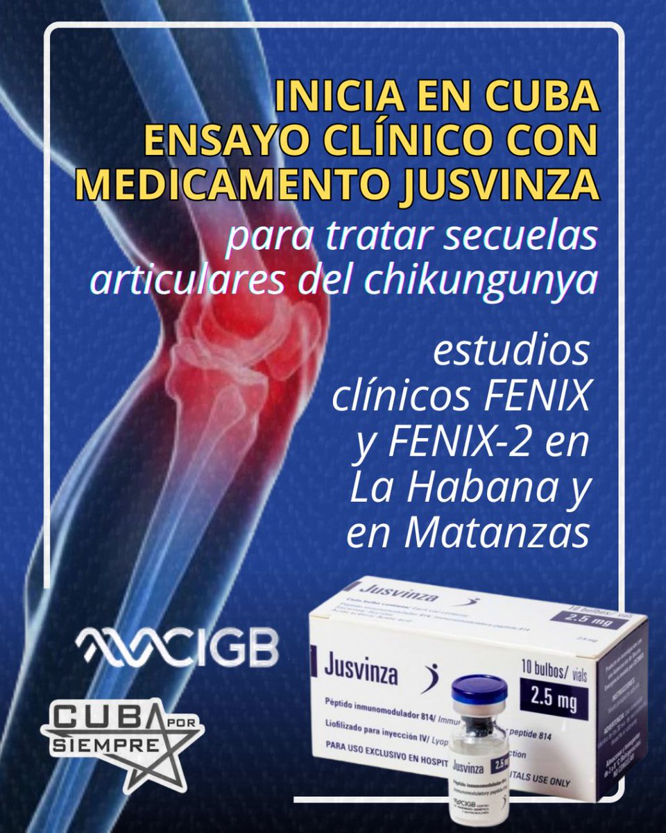 🇨🇺💉 Matanzas inició un ensayo clínico con el medicamento cubano Jusvinza, del CIGB, para tratar la poliartritis residual que afecta a pacientes convalecientes de chikungunya, una de las secuelas más incapacitantes de esta enfermedad viral.