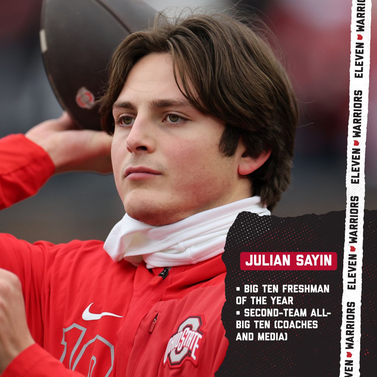11W's tweet image. Julian Sayin is the Big Ten Freshman of the Year ‼️

Sayin also earned second-team All-Big Ten honors, finishing behind Fernando Mendoza, who was named Big Ten Offensive Player and Quarterback of the Year. elevenwarriors.com/ohio-state-foo…