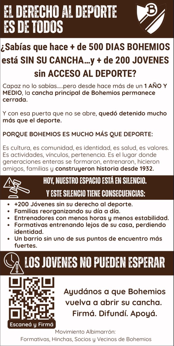 El derecho al deporte es de todos!!!
Ayudemos a que <a href="/CluBohemios/">Club A. Bohemios</a> vuelva a abrir su cancha!!!