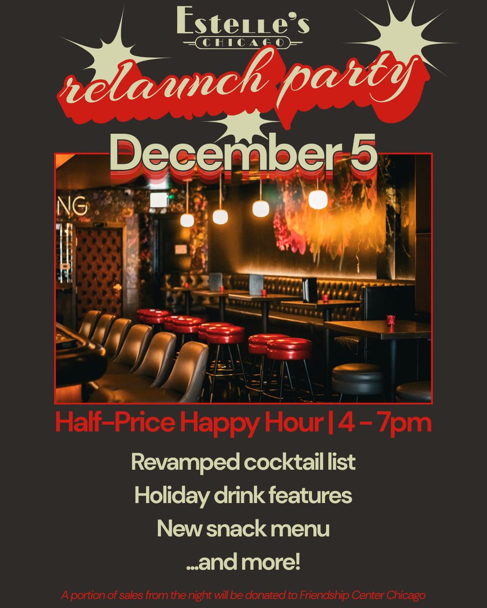 We can't wait to see you tomorrow at our relaunch party! Catch us enjoying a half-price cocktail until 7pm, and hanging 'til late.

A portion of sales from the night will be donated to the Friendship Center Chicago. Drinking for a cause has never steered us wrong.