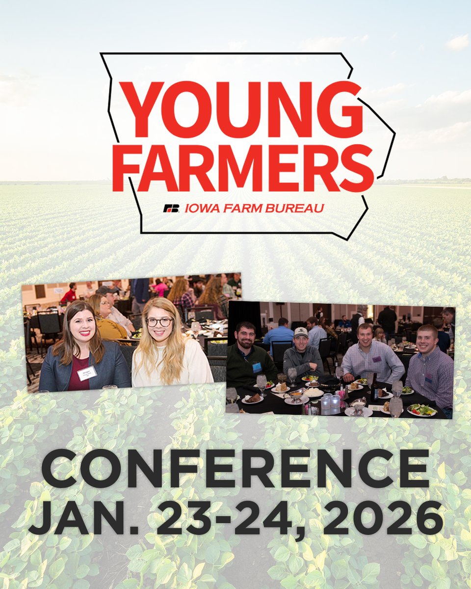 Don't miss 𝙩𝙝𝙚 event for young farmers and ag professionals! 

Check out the agenda for Iowa Farm Bureau's 2026 Young Farmer Conference at IowaFarmBureau.com/YFC, and register through your county Farm Bureau today.

<a href="/IowaYoungFarmer/">Iowa Young Farmer Program</a>