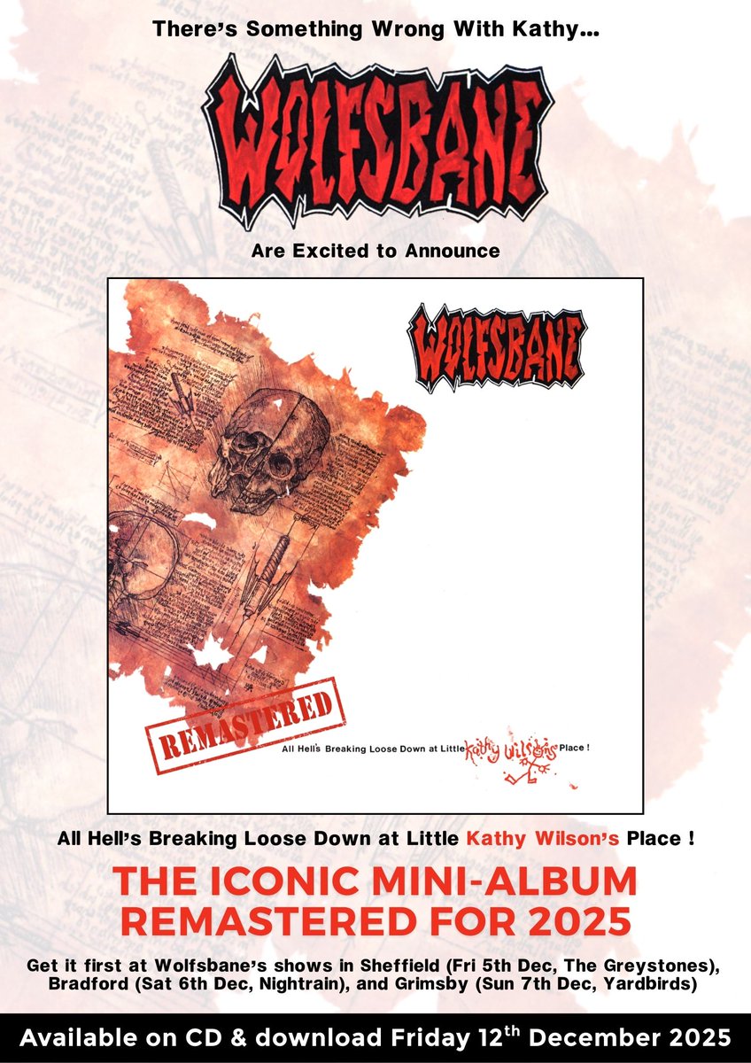WolfsbaneHMS's tweet image. 🛸 WOLFSBANE REISSUE ICONIC MINI-ALBUM ‘ALL HELL’S BREAKING LOOSE DOWN AT LITTLE KATHY WILSON’S PLACE’ 🛸 

wolfsbaneband.com/2025/12/04/wol…

#Wolfsbane #BlazeBayley #Metal #HeavyMetal #Rock #KathyWilson