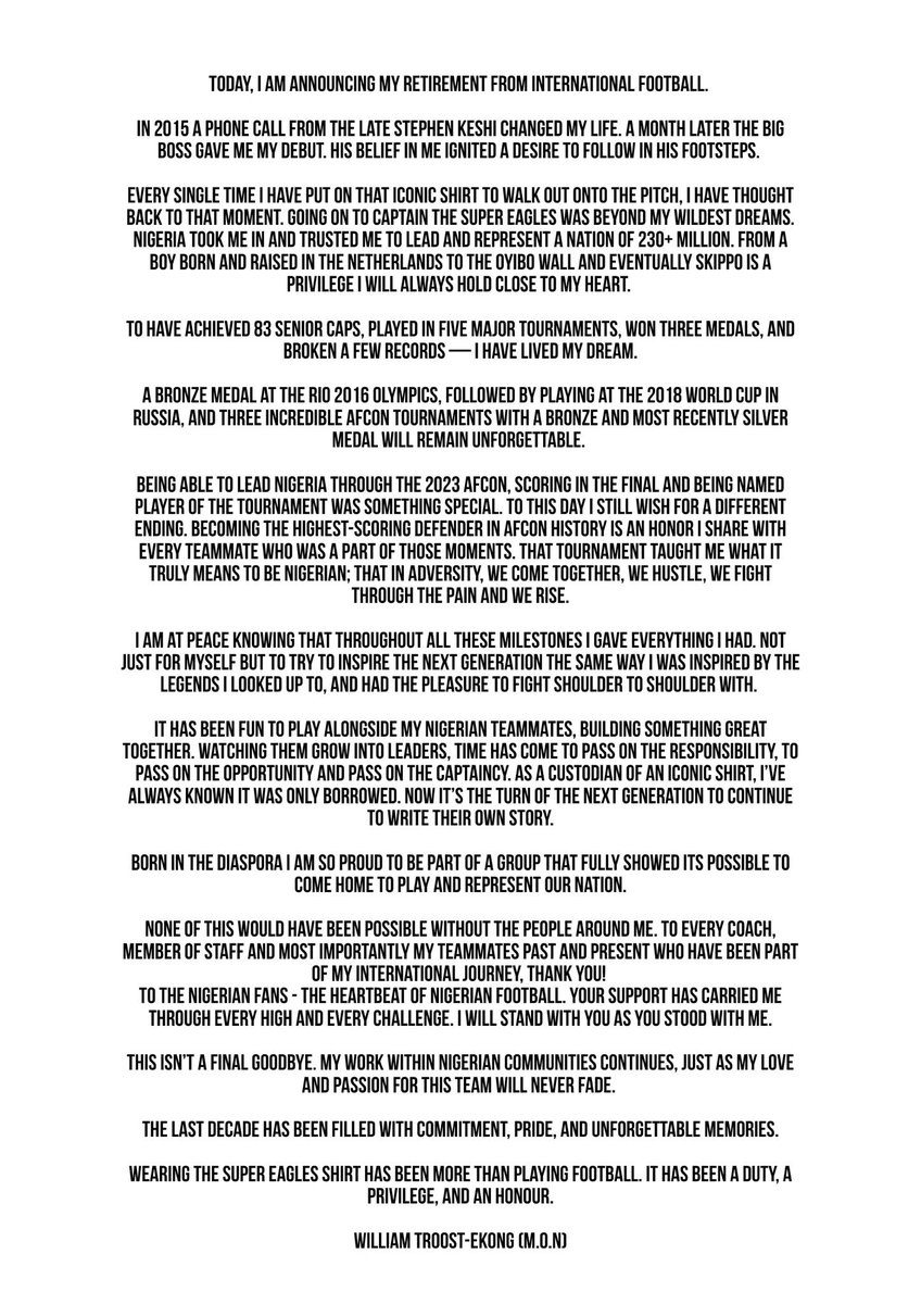 An era ends, but the respect remains forever. Thank you, William Troost-Ekong, for giving Nigeria your all. 🦅🇳🇬
