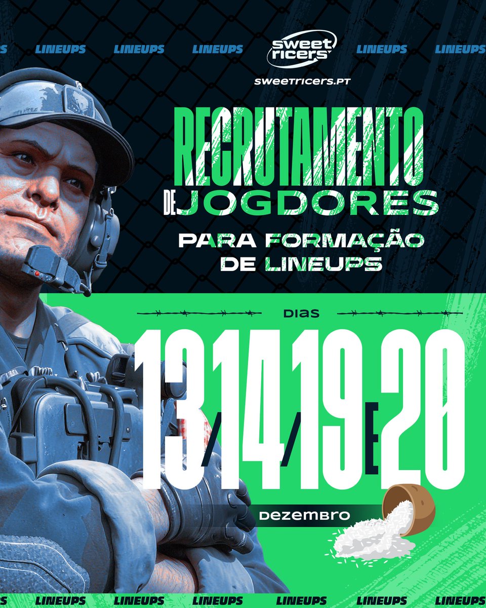 🔥 A Sweet Ricers vai levantar fervura!

Nos dias 13, 14, 19 e 20 de dezembro arranca o nosso Torneio de Recrutamento - sem vencedores, só muito jogo para encontrar quem tem o grão de talento perfeito para ingressar nas nossas academias! 🍚