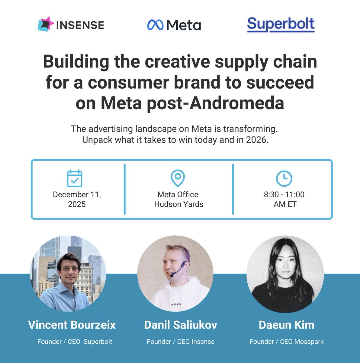 🚀 Together with <a href="/Meta/">Meta</a> &amp; Superbolt, we’re hosting an event in the NYC Meta offices next Thursday

We’ll dive into the new creative reality for consumer brands and how to build a system that reliably produces winning ads.

What we’ll cover:

→ How to produce + source content that