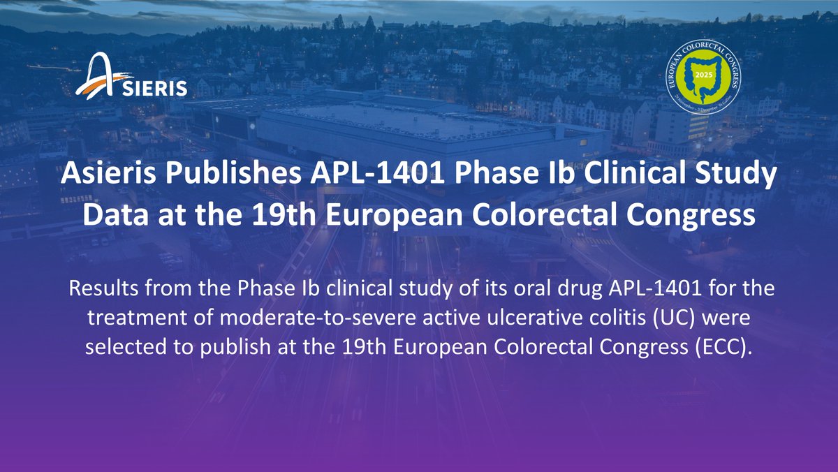 asierispharma's tweet photo. Asieris presents Phase Ib clinical data for APL-1401 at the 19th European Colorectal Congress. Proud to drive innovation in colorectal cancer research. Read more https://t.co/t5phtUvWLJ #Asieris #APL1401 #ColorectalCancer #ClinicalTrials https://t.co/zVxPMmreyt