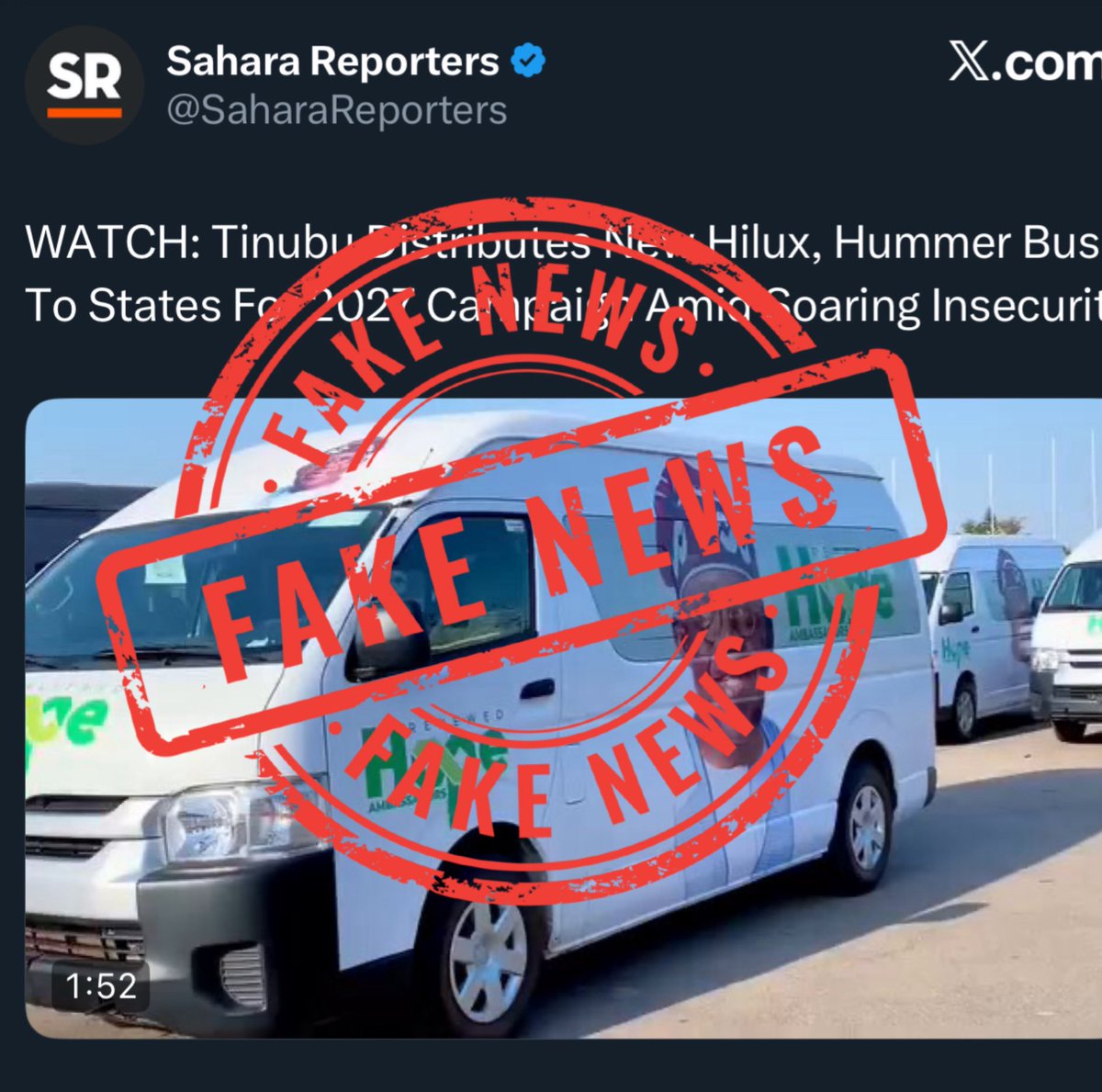 STATEMENT BY THE PBAT MEDIA CENTRE ON MISINFORMATION ABOUT ALLEGED DISTRIBUTION OF BUSES FOR 2027 CAMPAIGN BY PRESIDENT TINUBU.

Important to state, and very clearly, that this movement is one sponsored by a support group known as the Renewed Hope Ambassadors, one of thousands of