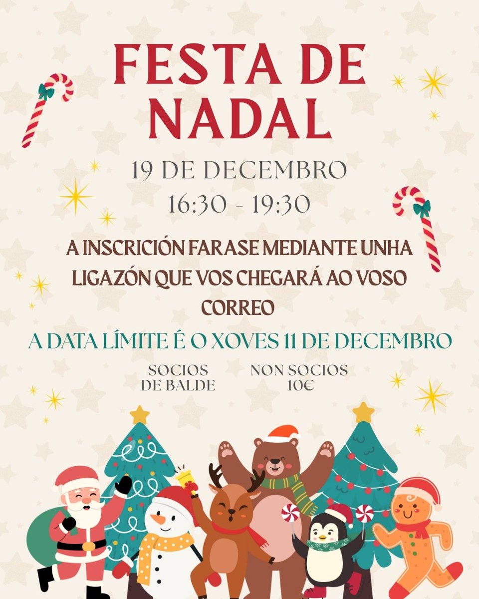 🎅✨Festa de Nadal! ✨🤶

O vindeiro 19 de decembro, de 16:30 a 19:30, agárdanvos moitas sorpresas🎁🌟

📩 A inscrición farase mediante a ligazón que recibirás no teu correo… estade atentas!👀✨

⏳ Data límite: Xoves 11 de decembro
👥 Socias/os: de balde
🎟️ Non socias/os: 10€