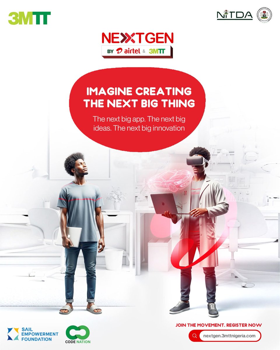 Learn Software Development, UI/UX, Product Management, Data Science and ML, Data Analysis.

Get hands-on training, mentorship, plus business and soft skills coaching.

See Registration link on flyer

<a href="/AirtelNigeria/">Airtel Nigeria</a> <a href="/3MTTNigeria/">3MTT Nigeria</a> 

#Airtel #3mttnigeria #techupgobeyond #CodeNationHQ