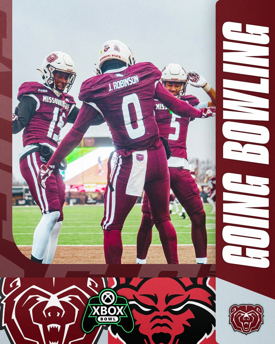ConferenceUSA's tweet photo. 🎮 BEARS ARE BOWL BOUND 🎮

Missouri State will face Arkansas State in the Xbox Bowl❗️

📅- Dec. 18
🕗- 8 p.m. CT
🏟️- Ford Center at the Star | Frisco, TX
📺- ESPN2

#NoLimitsOnUs | #OutHitOutHustle