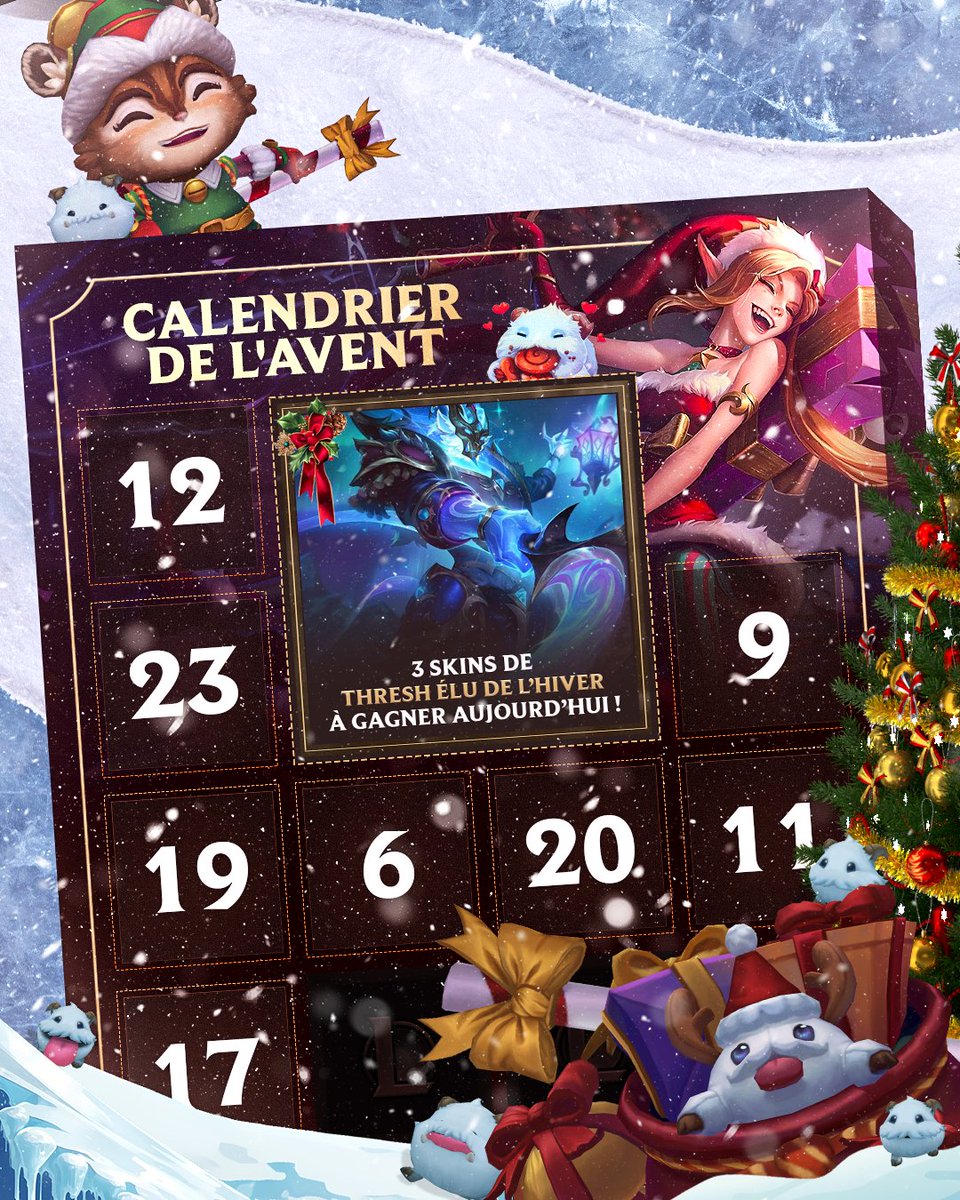 🎁 Jour 4

Aujourd'hui, c'est 3 chances de remporter le skin de Thresh élu de l'hiver ! 🎁

Pour participer :
🔴 Follow <a href="/LoL_France/">League of Legends FR</a> 
🔴 Like ce post
🔴 Tag l'ADC parfait pour t'accompagner !

Bonne chance à toutes et tous !