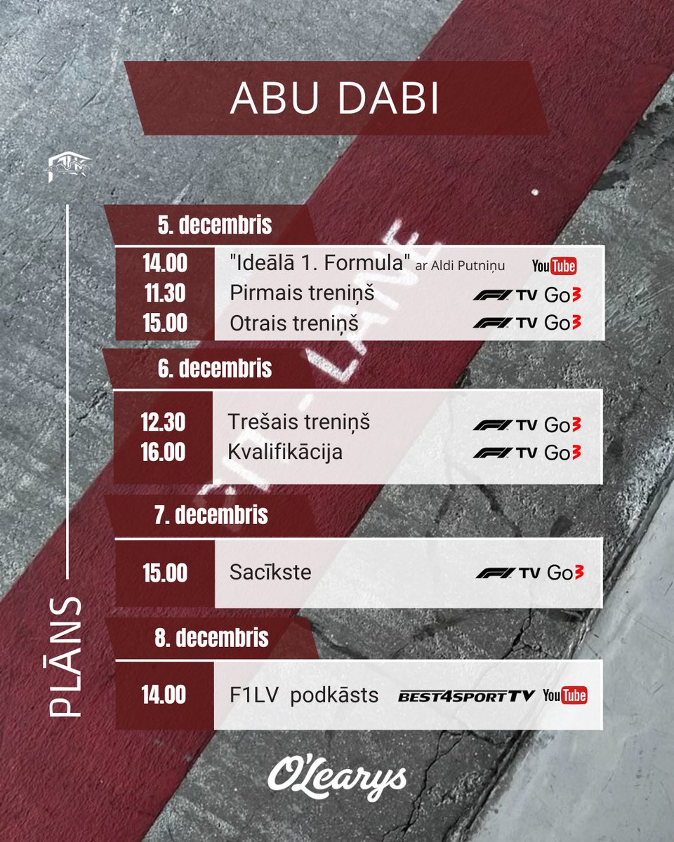 🏎️Čempionu titula liktenis tiks izšķirts Abū Dabī! 🏁
Trīs piloti, viena pēdējā cīņa, un tikai viens kļūs par čempionu!👑

📅Saglabā F1 Abū Dabī GP laika grafiku un atzīmē, kad jāieslēdz TV, lai nepalaistu garām sezonas finālu!📌