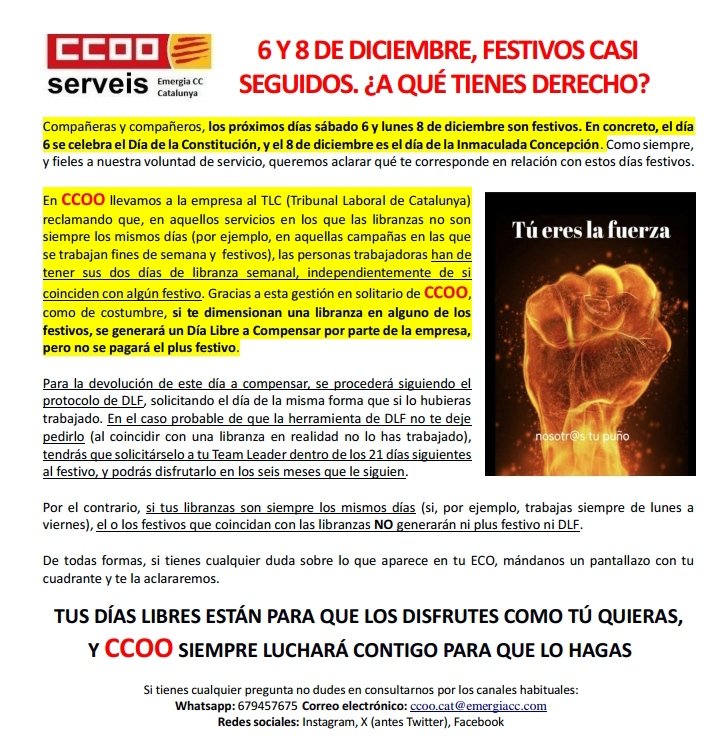 Compañeros y compañeras, os dejamos comunicado con la información relativa a los próximos festivos. Recordad que si tenéis cualquier duda sobre vuestros horarios, nos podéis hacer llegar vuestra consulta y os aclararemos las dudas que os puedan surgir.
#CCOOEmergiaCatalunya