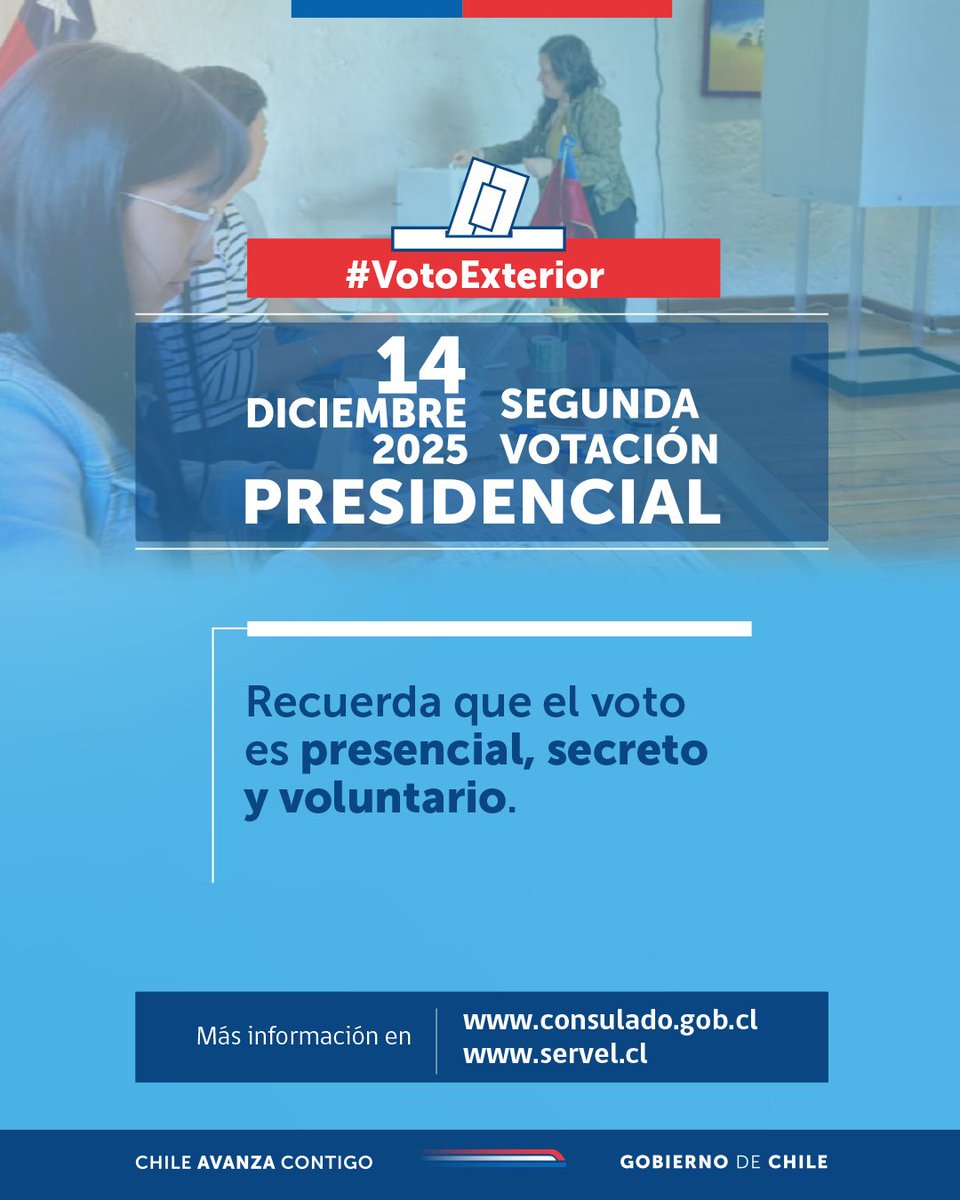 🗳️ #VotoExterior | RECUERDA: El 14 de diciembre es la segunda votación Presidencial en Chile y en el extranjero.
Infórmate en 👉 bit.ly/votoexterior14…