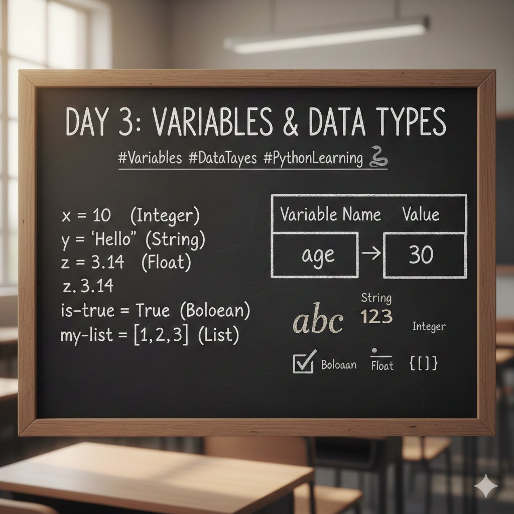ZahirShah1902's tweet image. Day 3: Variables &amp;amp; data types
#Variables #DataTypes #PythonLearning