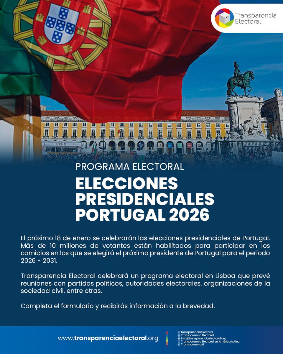🇵🇹🗳️ El próximo 18 de enero se celebrarán las elecciones presidenciales de #Portugal.

Transparencia Electoral celebrará un programa electoral en Lisboa que prevé reuniones con partidos políticos, autoridades electorales, organizaciones de la sociedad civil, entre otras.

💻