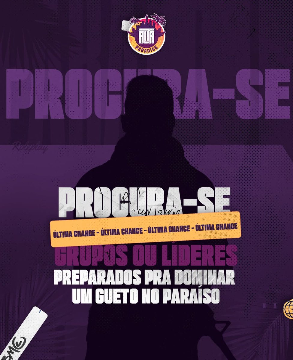 ⚠️Compartilhe agora com a sua turma: 
Última chance de garantir recurso, dinheiro e território ainda este ano.

🔴Menor de 18? Aqui tem espaço.

🔎Procure por Paradise Cidade Alta no FiveM e viva a experiência do Cidade Alta com mais chances de fazer história.