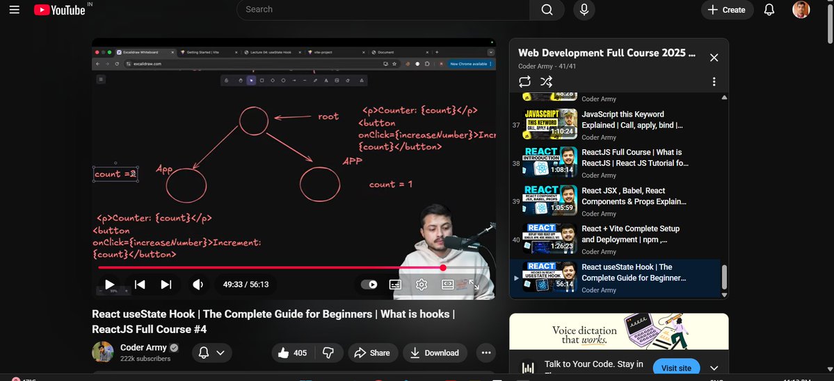 MananCodes123's tweet image. 🚀Day 62  #CoderArmy 
Wrapped up React Hooks lecture today learned how useState fixes manual DOM bugs 🚀
Played with state &amp;amp; UI updates feeling the power of Hooks 💪
Staying locked in &amp;amp; leveling up daily 🔥
#ReactJS  #Hooks  @rohit_negi9