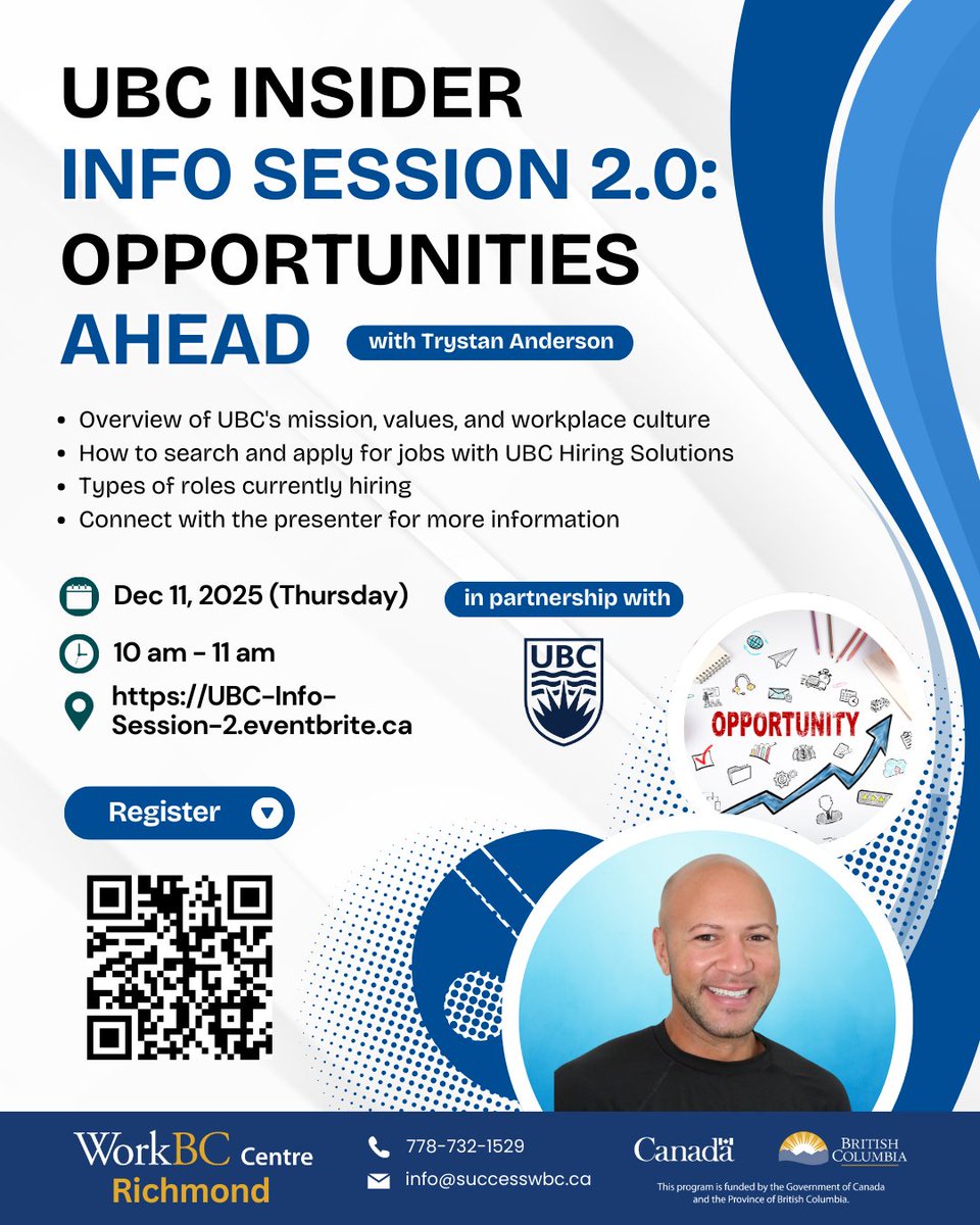 📣 UBC Insider Info Session 2.0: Opportunities Ahead
📅 Dec 11 |⏰ 10–11 AM | 💻 Online
Get the inside scoop on UBC and explore the opportunities waiting for you!
Don’t miss your chance to shape your future at UBC!

#UBC #UBCInfoSession #careeropportunities #workbccentrerichmond