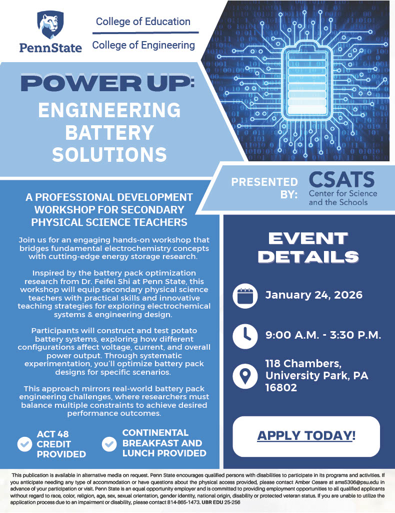 🚀 Power Up Your Teaching! ⚡️
#Act48 #PD #STEM #EnergyStorage
We're excited to invite secondary physical science teachers to an engaging workshop that connects fundamental electrochemistry concepts with cutting-edge energy storage research!
Details > bit.ly/4p8uRJK