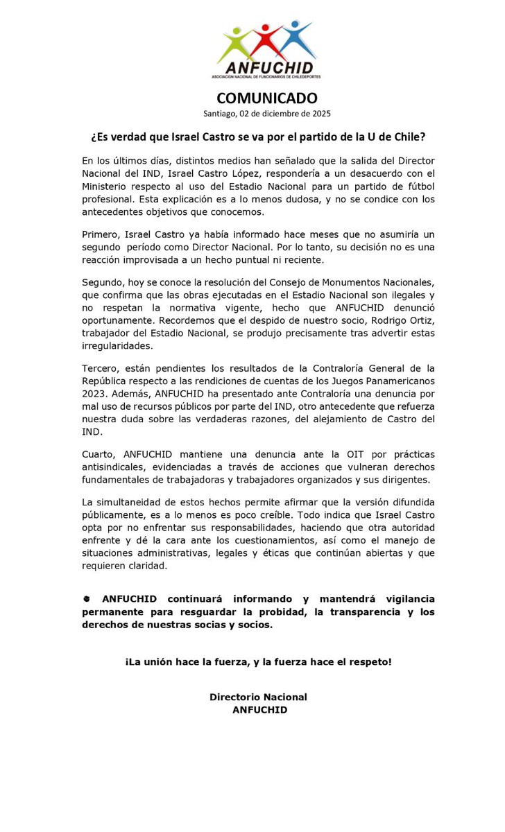 Compartimos con todos y todas este comunicado oficial de ANFUCHID.