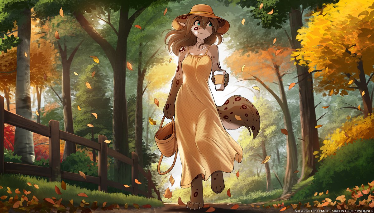 TwoKinds's tweet image. Kathrin walking through a wooded path in autumn as the leaves fall, suggested by Tak!
