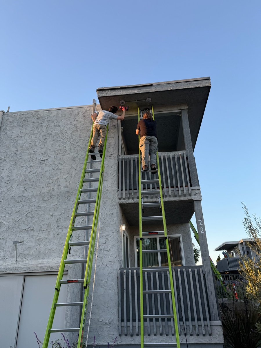 AdiumTech's tweet photo. Afraid of heights? Yeah, we are too but we will do anything for the best camera angle!

These @Ubiquiti junction boxes pair perfectly with metal conduit runs and G6 Bullets. #UnifiTheWorld https://t.co/tMHFROKgX5
